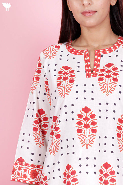 Cotton Kurta Pant Set With Kota Dupatta In Block Print